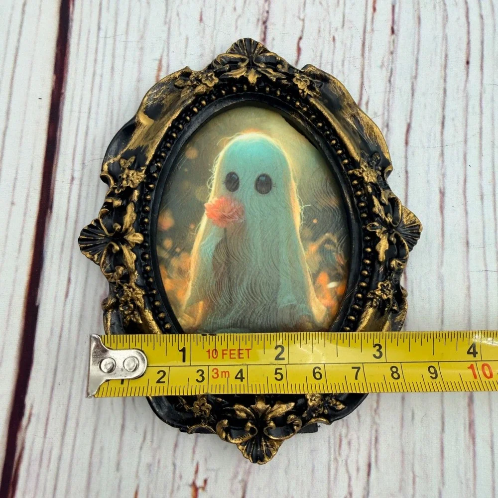Whimsical Ghost Decoupage Art Print Ornate Black Gold Resin Frame 4.5